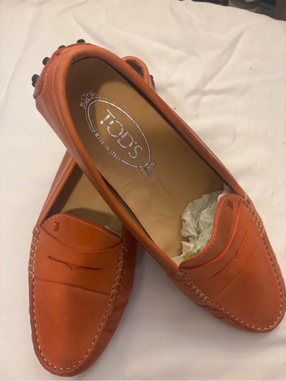 TOD'S Women's Orange Leather Gommino Driving Loafers.